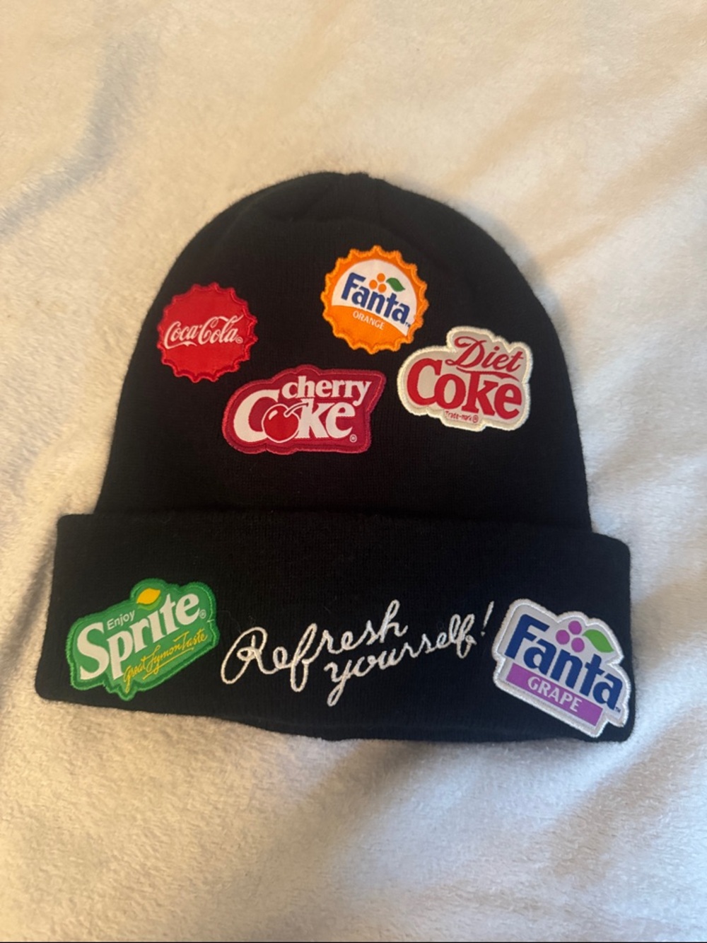 Coca Cola Black OS Beanie with Colorful Soda Patches